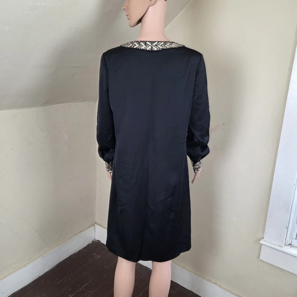Tory Burch Black Embellished Shift Dress Size 8 Long Sleeve Beaded Neckline